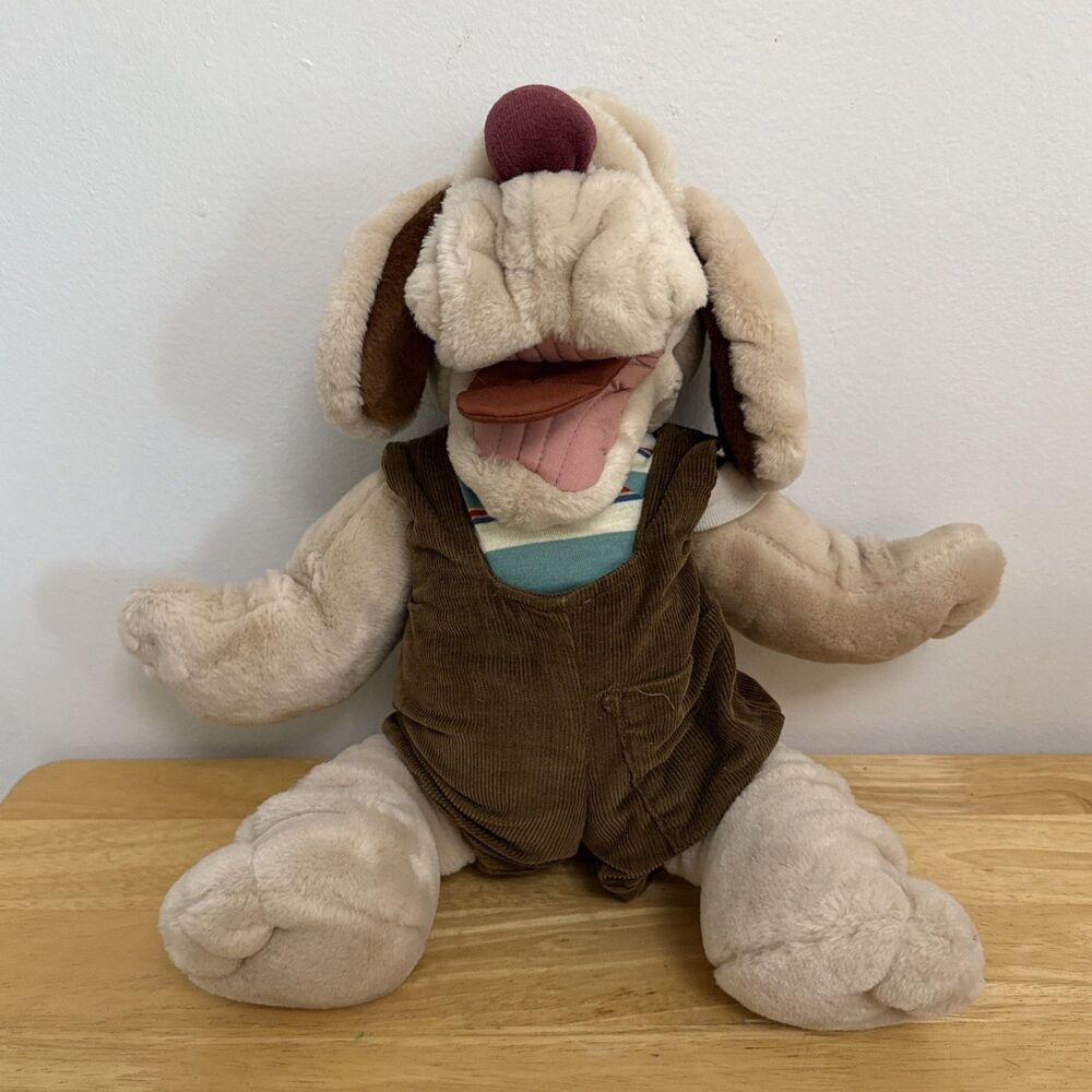 Vintage Wrinkles Inc. Puppet Dog Plush w/ Overalls, Striped Shirt & Collar 1980s